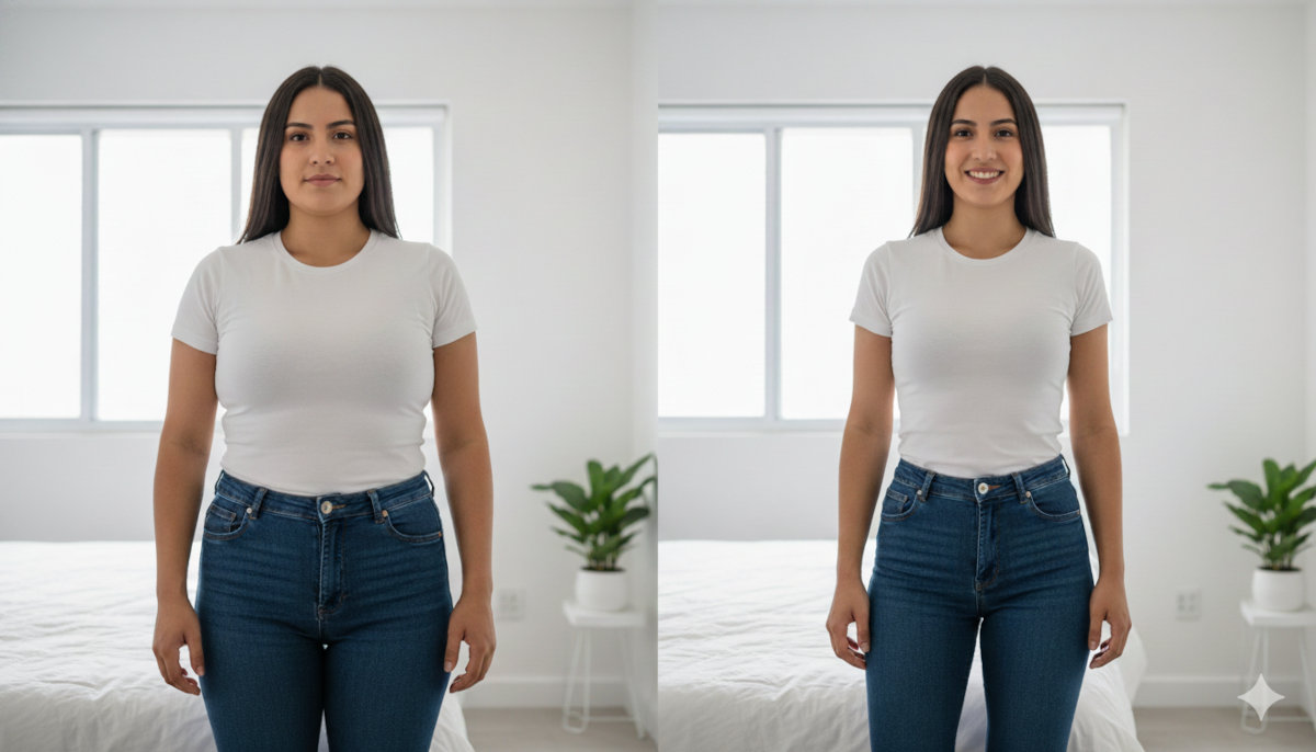 Transformación ilustrativa de 3 meses usando DIVI-HER - pérdida de peso visible en cuerpo completo