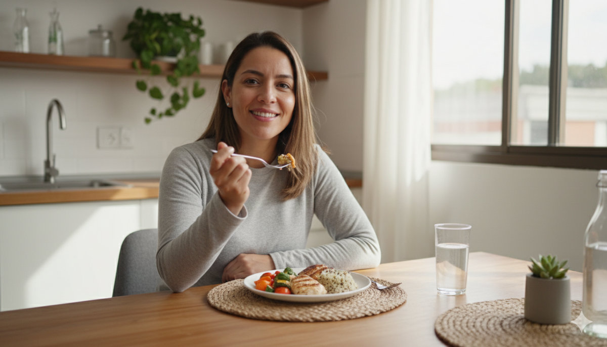 Mujer satisfecha comiendo porción pequeña - control de apetito natural con DIVI-HER