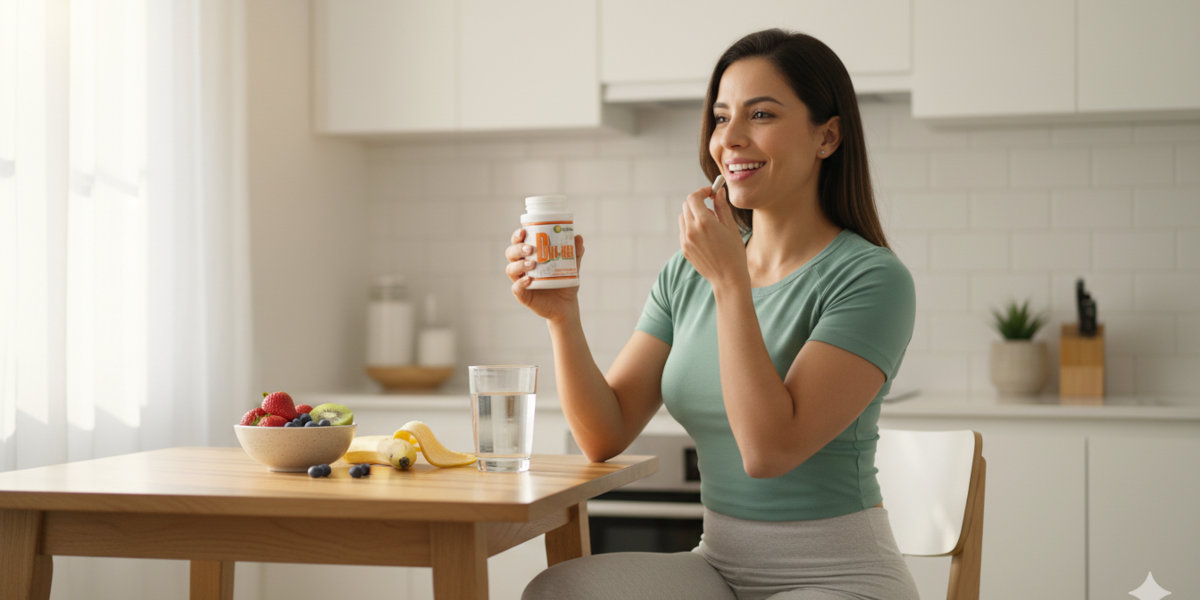 Mujer tomando DIVI-HER con vaso de agua - uso correcto del suplemento