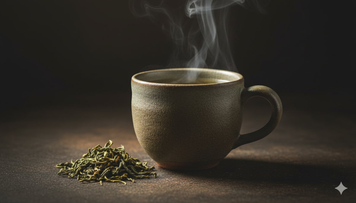 Taza de té verde con hojas