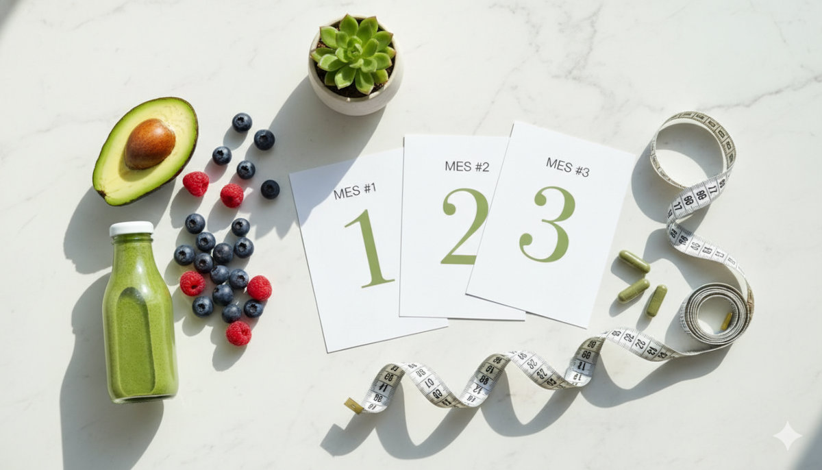 línea de tiempo visual de pérdida de peso con DIVI-HER - calendario marcando 3 meses con alimentos saludables