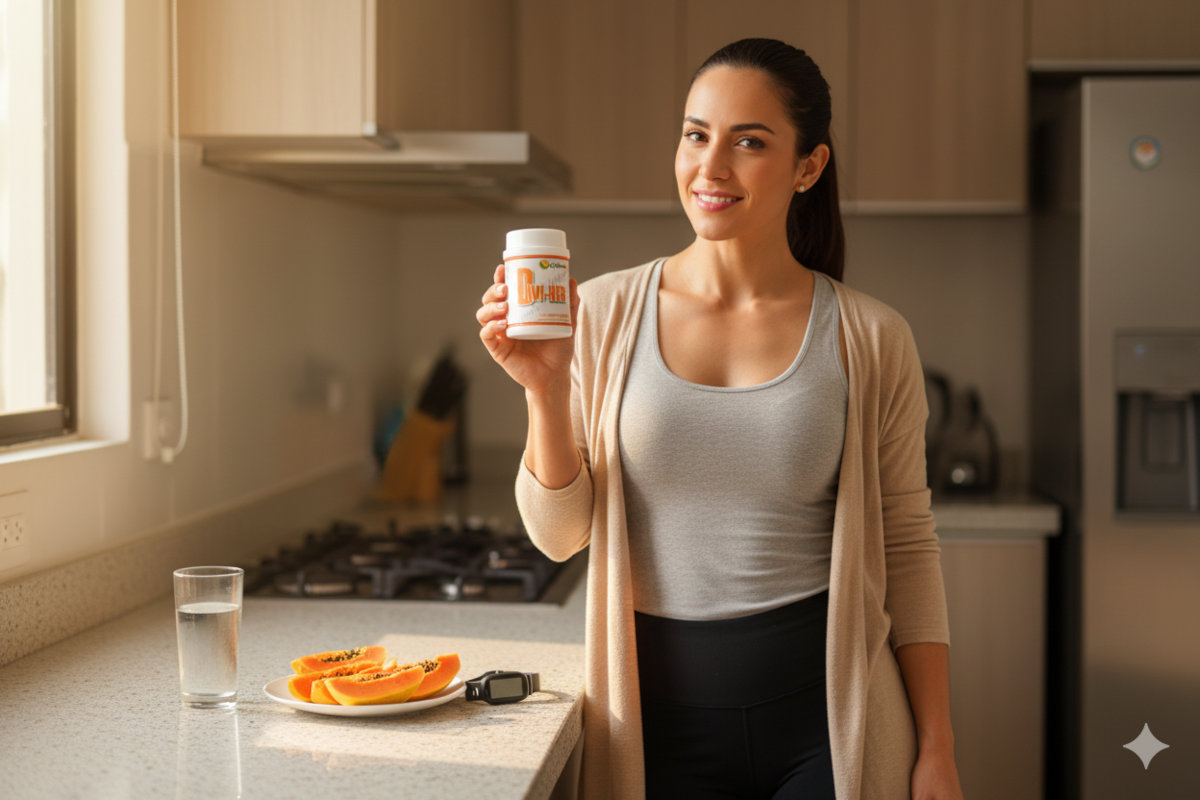 Mujer usando DIVI-HER suplemento natural para adelgazar con desayuno saludable en cocina moderna